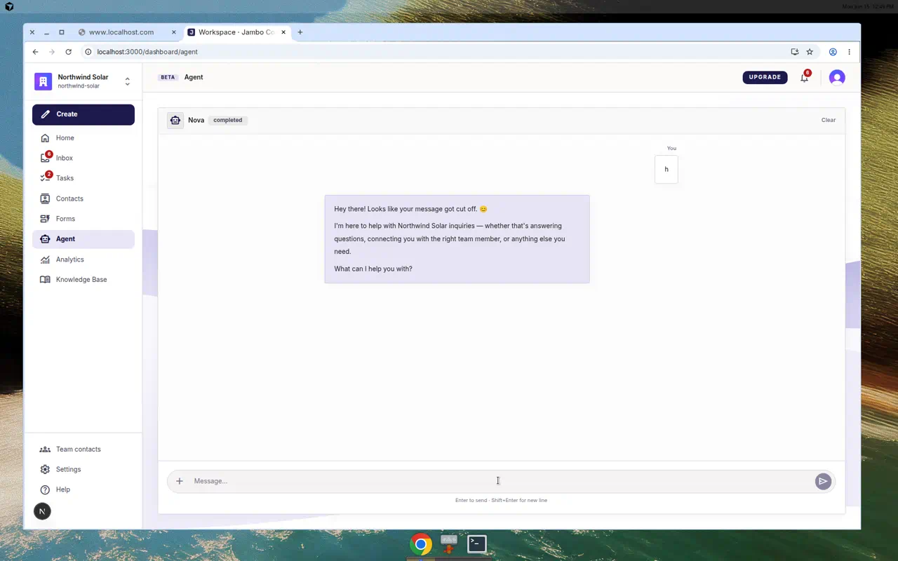 Agent assistant chat with a message and an approval card