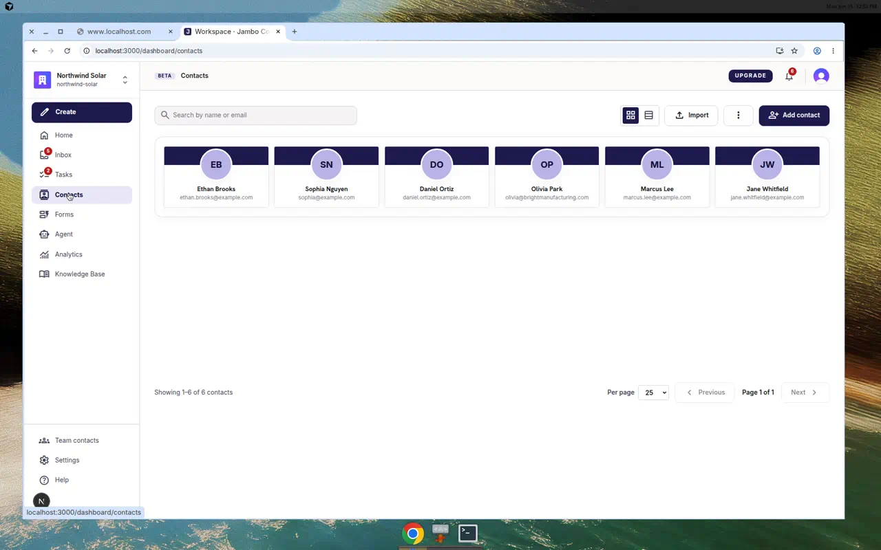 Contacts list with names, emails, and linked activity