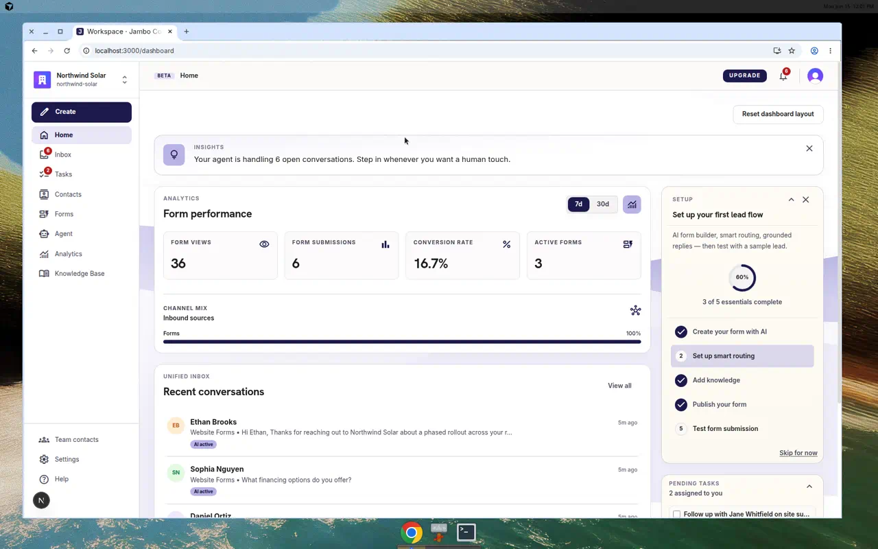 Dashboard analytics card with form views, submissions, and conversion rate