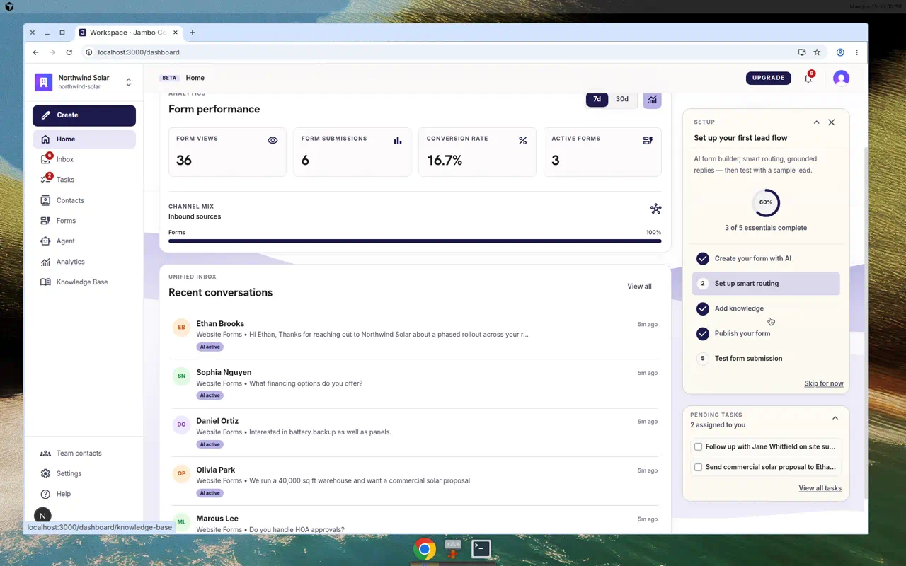 Dashboard home setup checklist card showing remaining steps