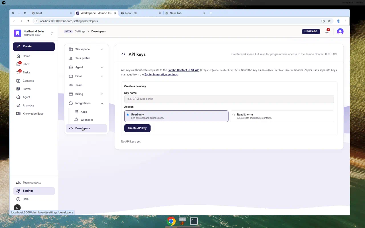 Settings Developers page with API keys list and Create key