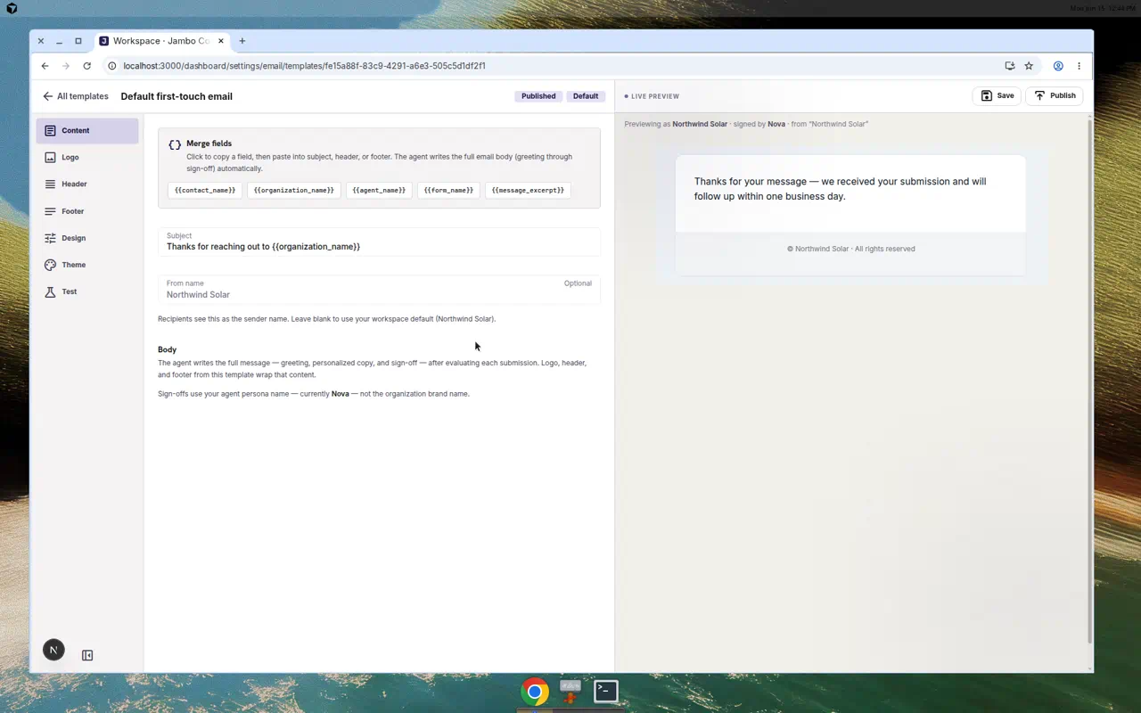 Email template editor with subject and body and variable placeholders