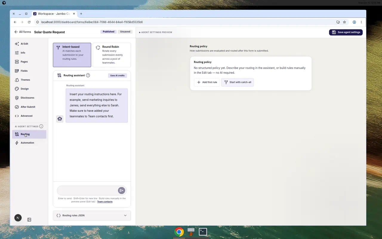 Form editor AI Agent Settings showing Routing and Automation tabs