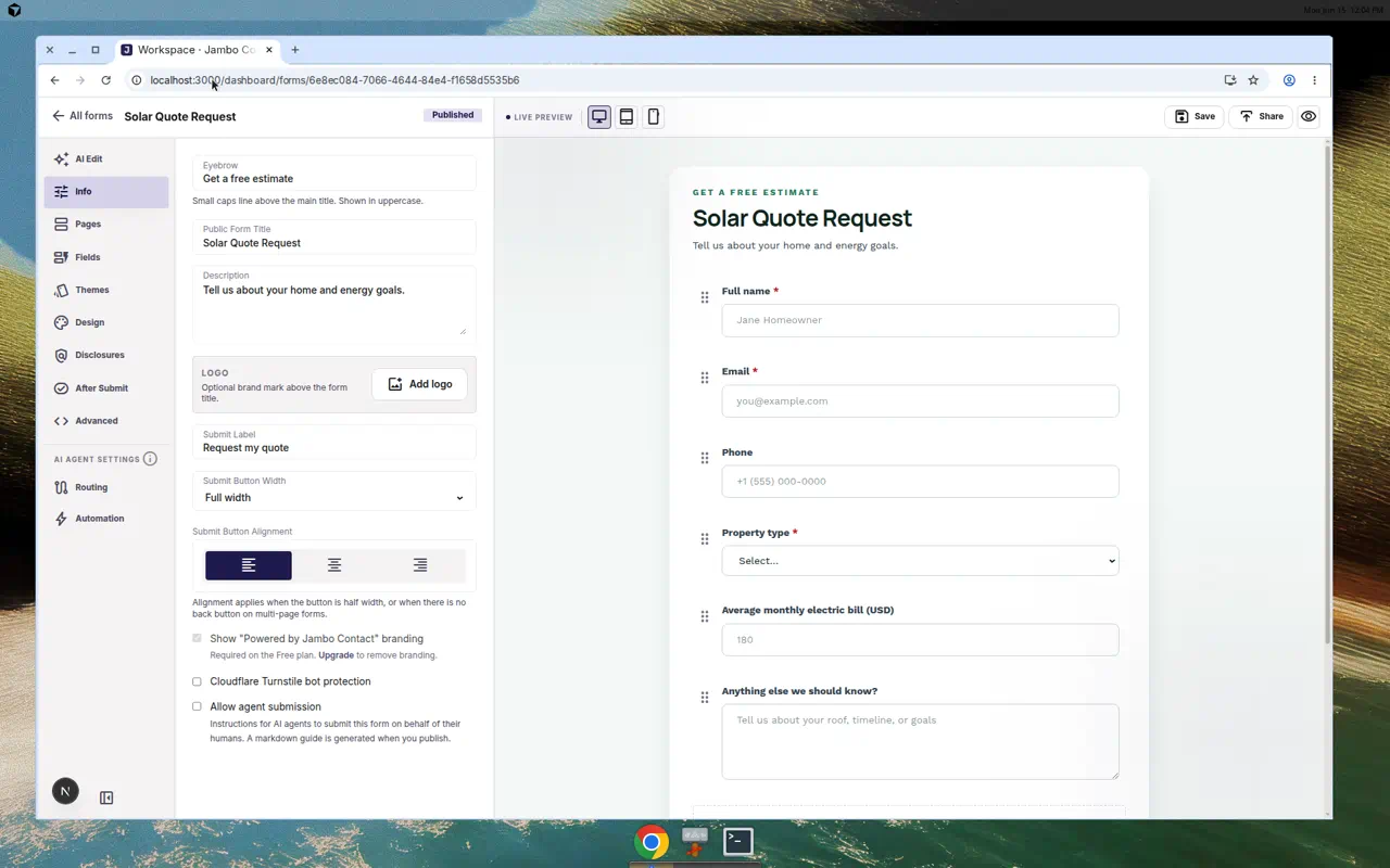 Fullscreen form editor with settings sidebar and live preview