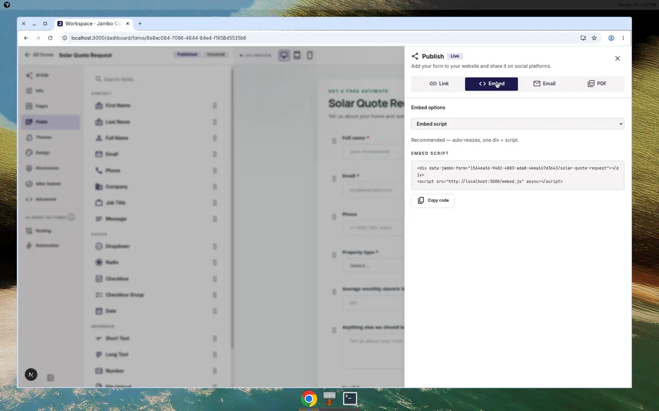 Embed tab showing script, iFrame, WordPress, and Popup options
