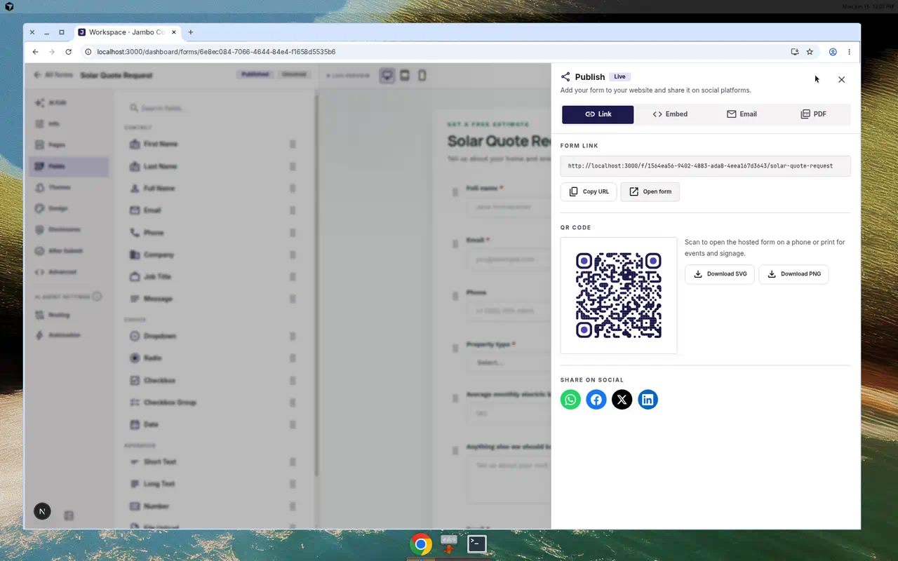 Publish drawer with Link, Embed, Email, and PDF tabs