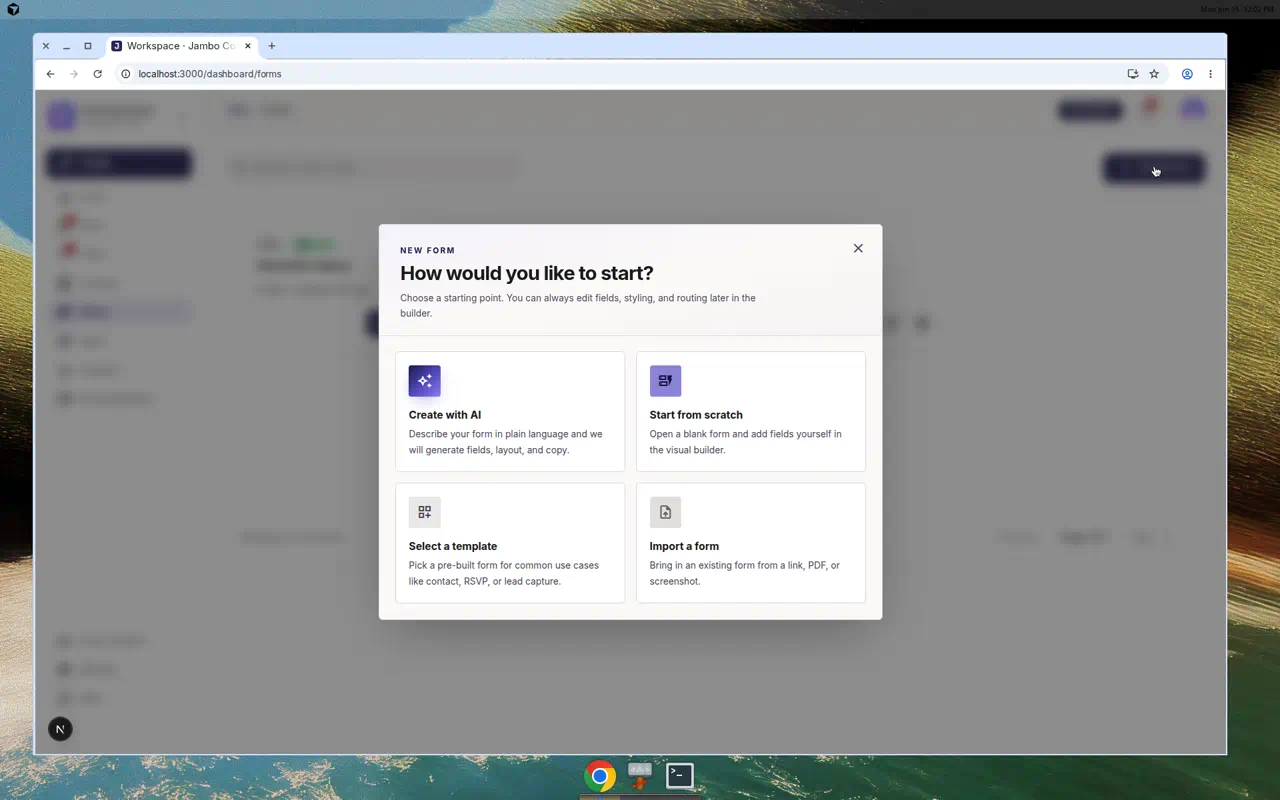 Create form dialog with the four start options