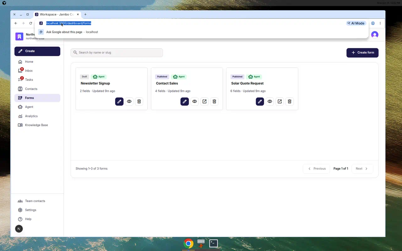 Forms list with a Create form button and form cards showing Draft and Published badges