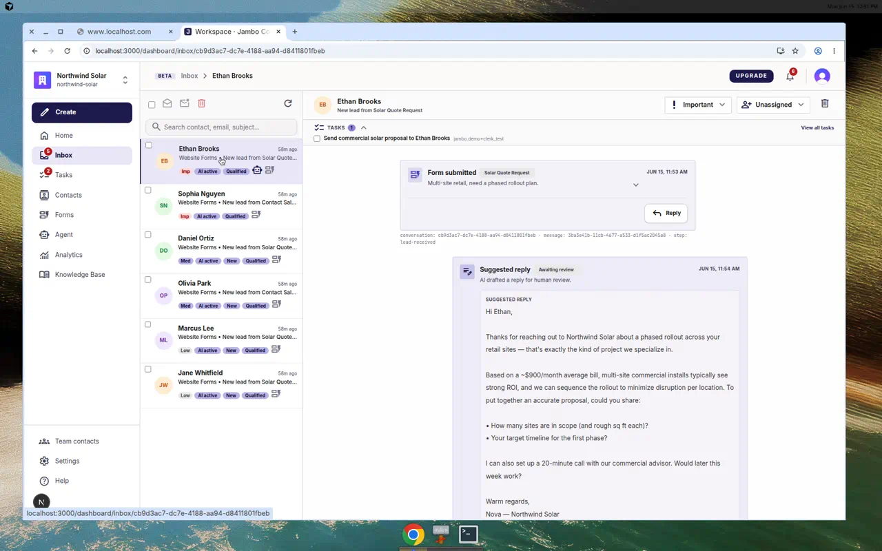 Conversation detail with timeline, AI suggested reply, and reply composer