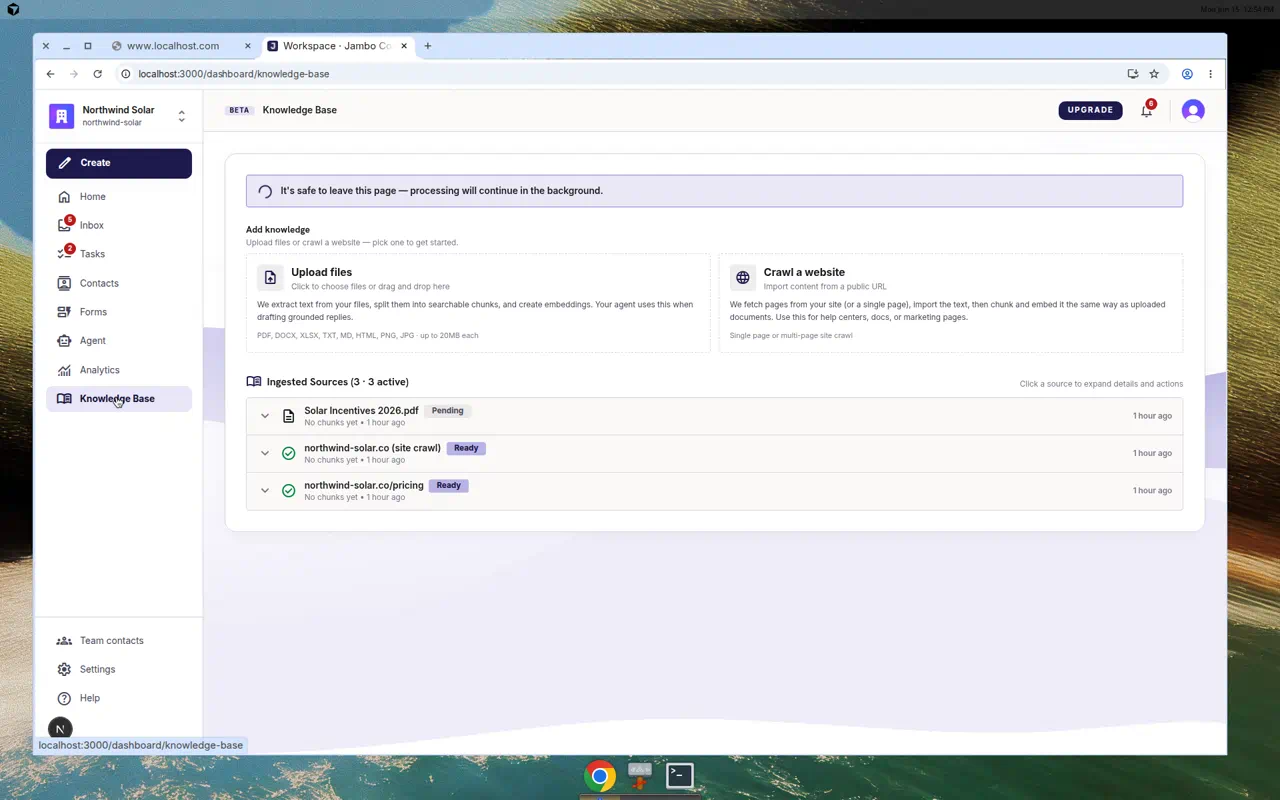 Knowledge base with Upload files and Crawl a website actions and an ingested sources list