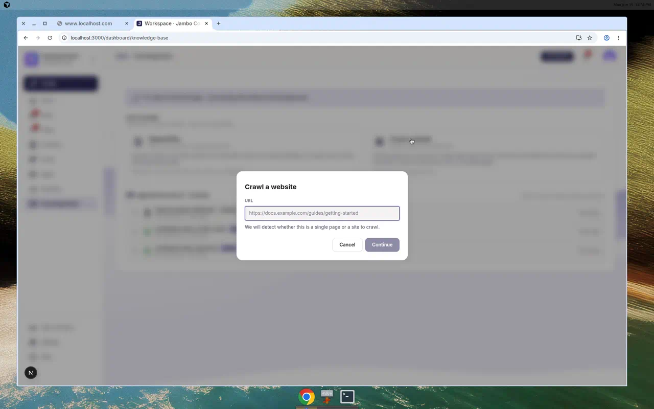 Crawl configuration dialog with single page vs site crawl and depth/page cap