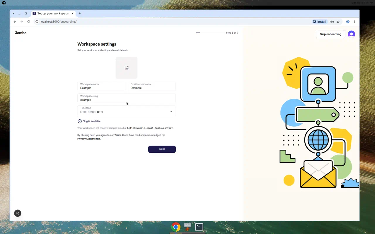 Onboarding workspace settings step with name, sender name, slug, and timezone