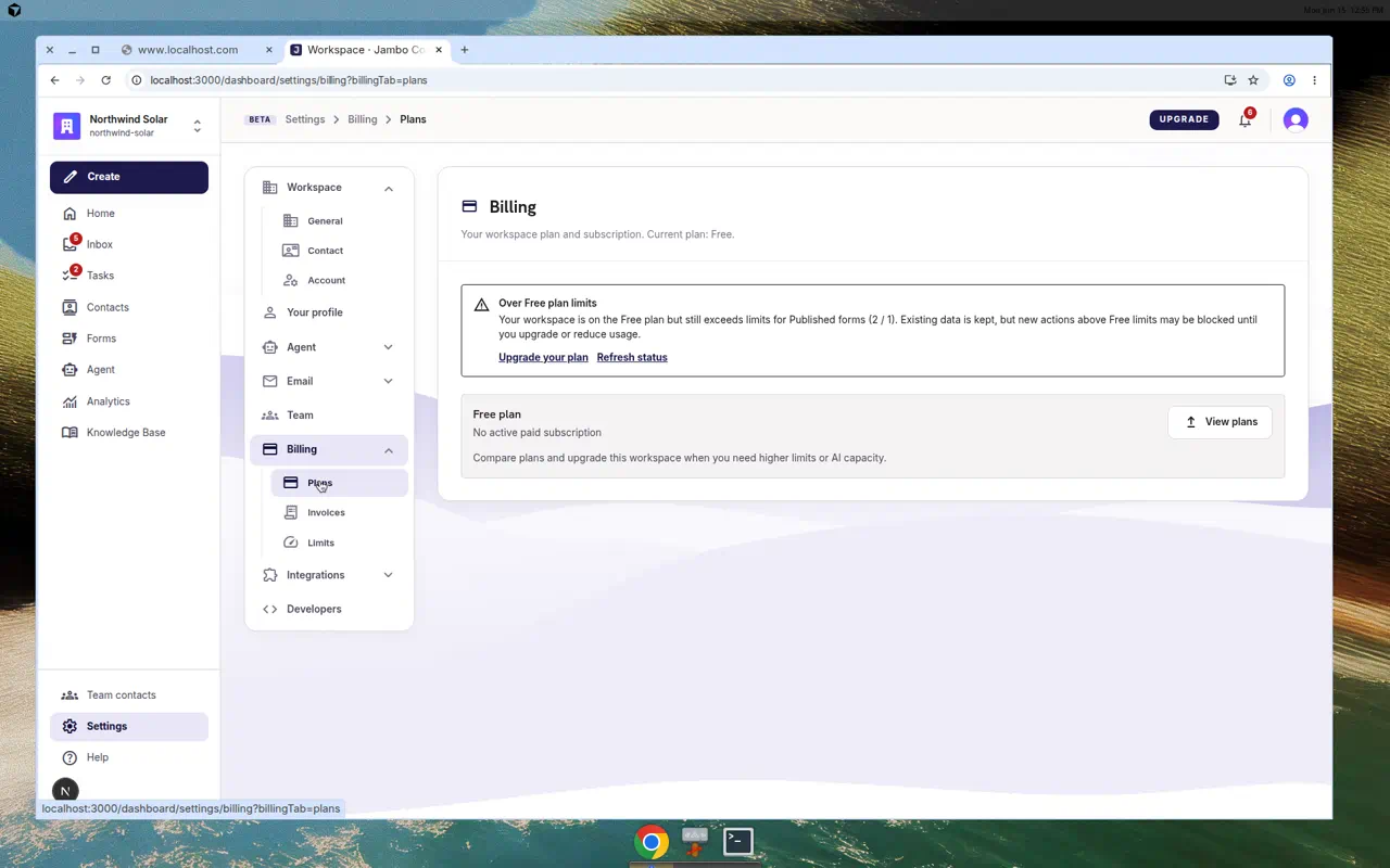 Settings Billing with Plans, Invoices, Usage, and Limits tabs