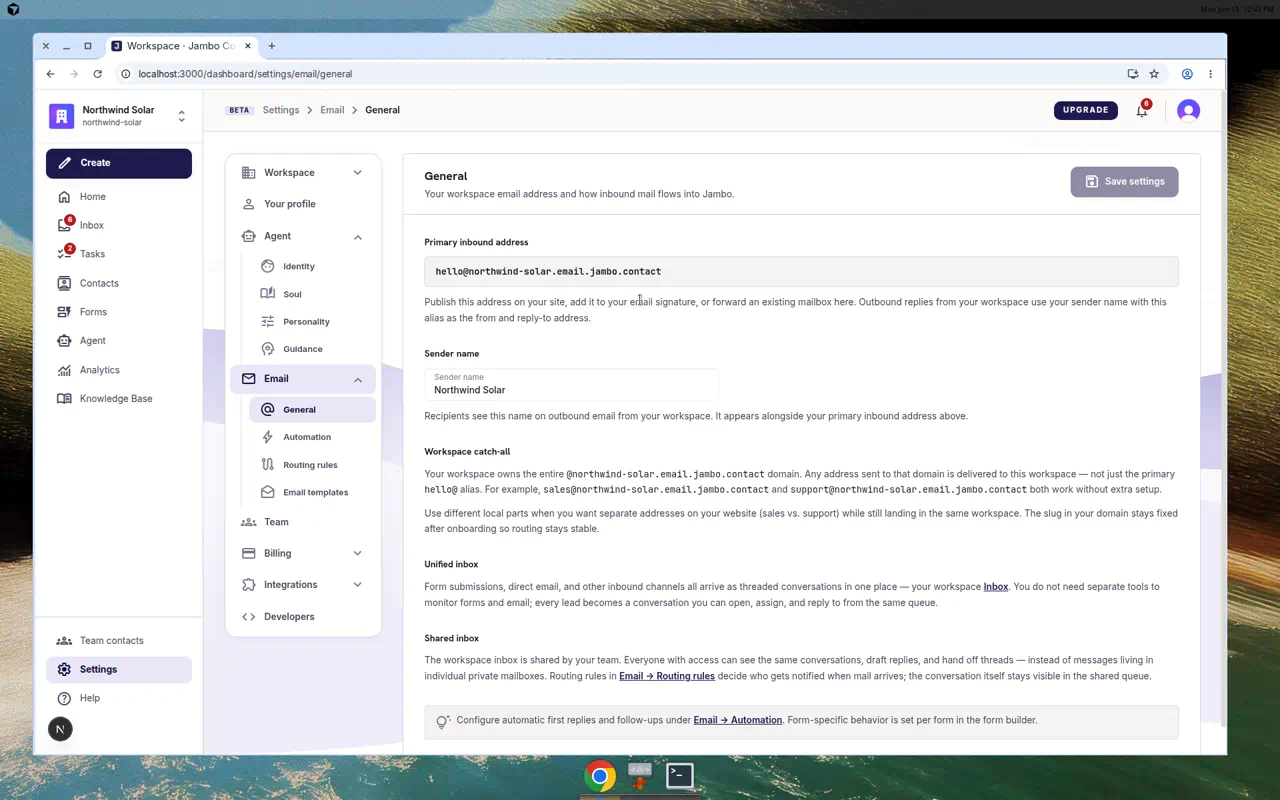 Settings Email section with General, Automation, Routing rules, and Email templates tabs