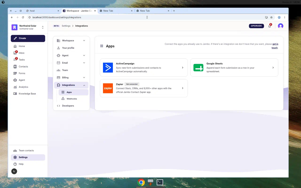 Settings Integrations page with Apps and Webhooks tabs