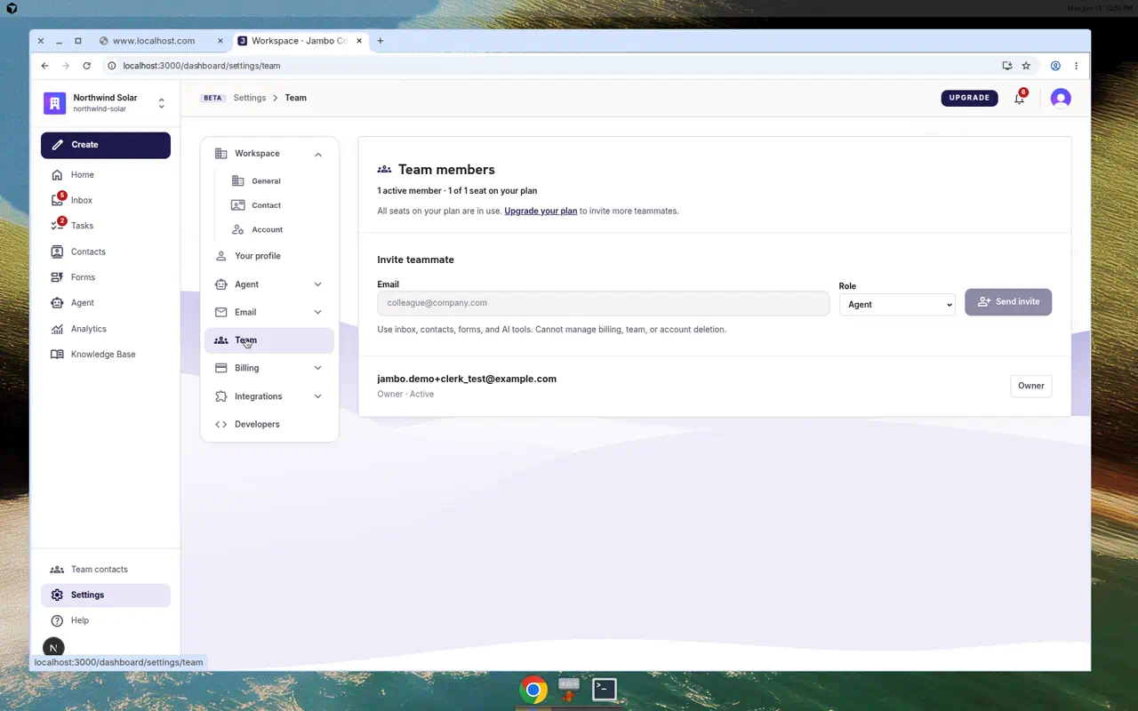 Settings Team page with member list, roles, and Invite teammate