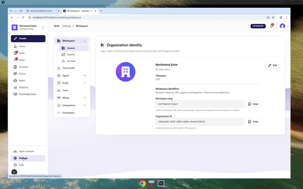 Settings workspace page with General, Contact, and Account tabs