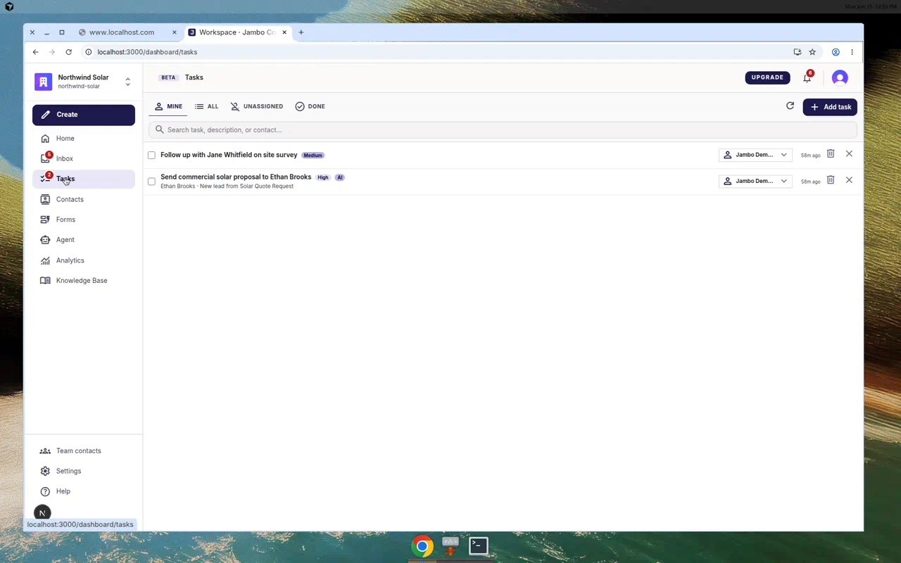 Tasks list with Mine, All, Unassigned, and Done tabs