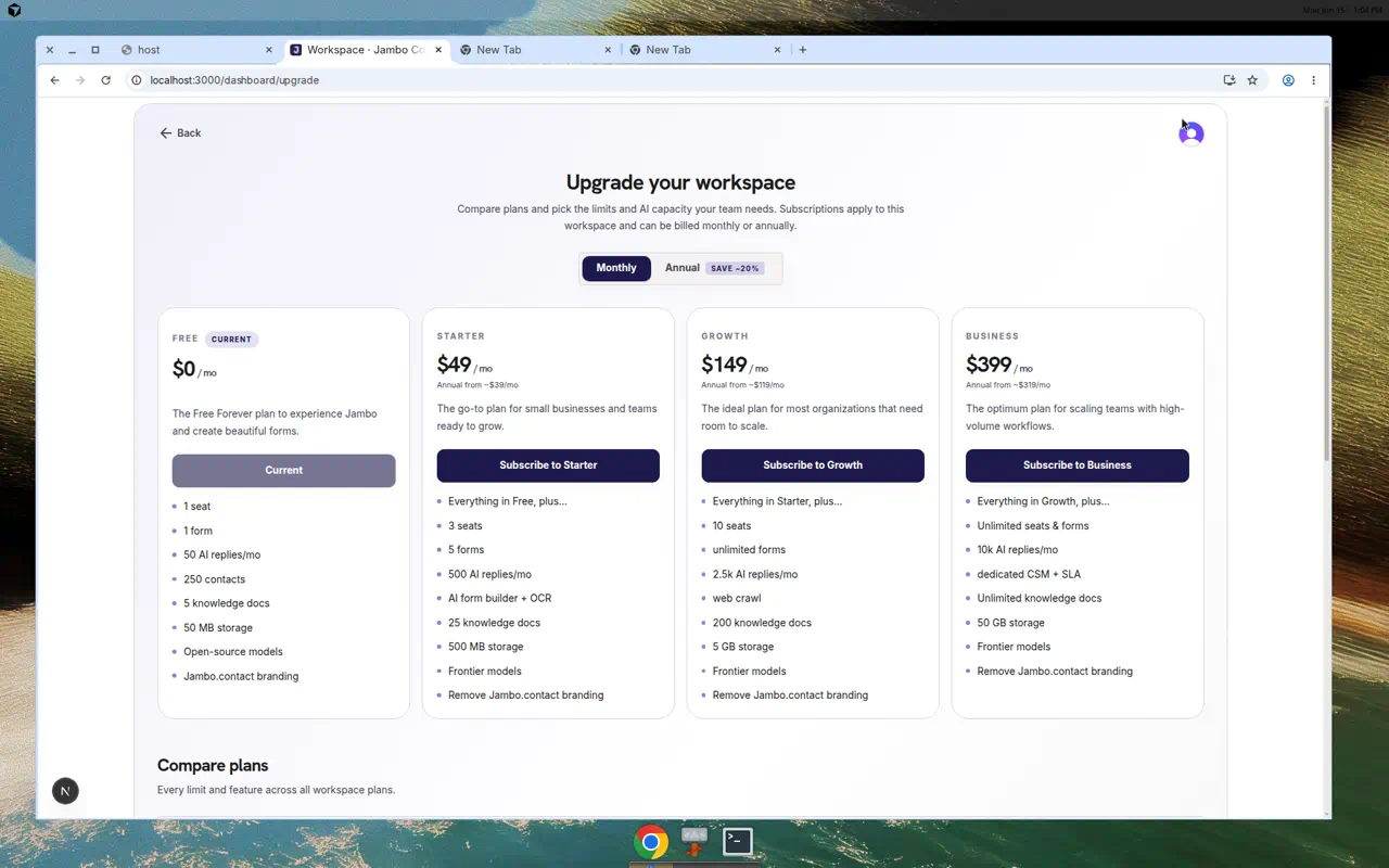 Upgrade plans comparison with Free, Starter, Growth, and Business