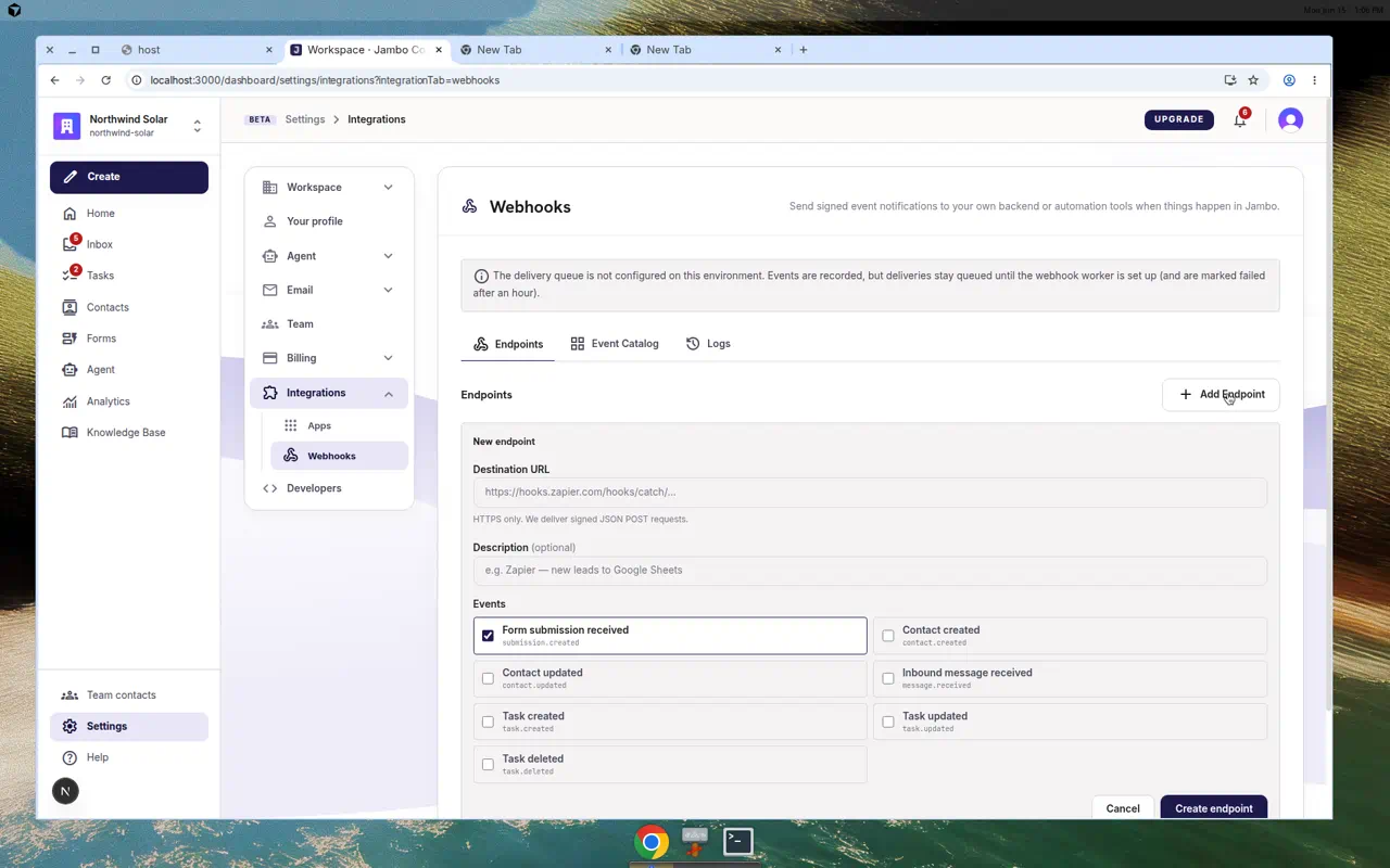 Webhooks settings with endpoint URL, event selection, and Send test